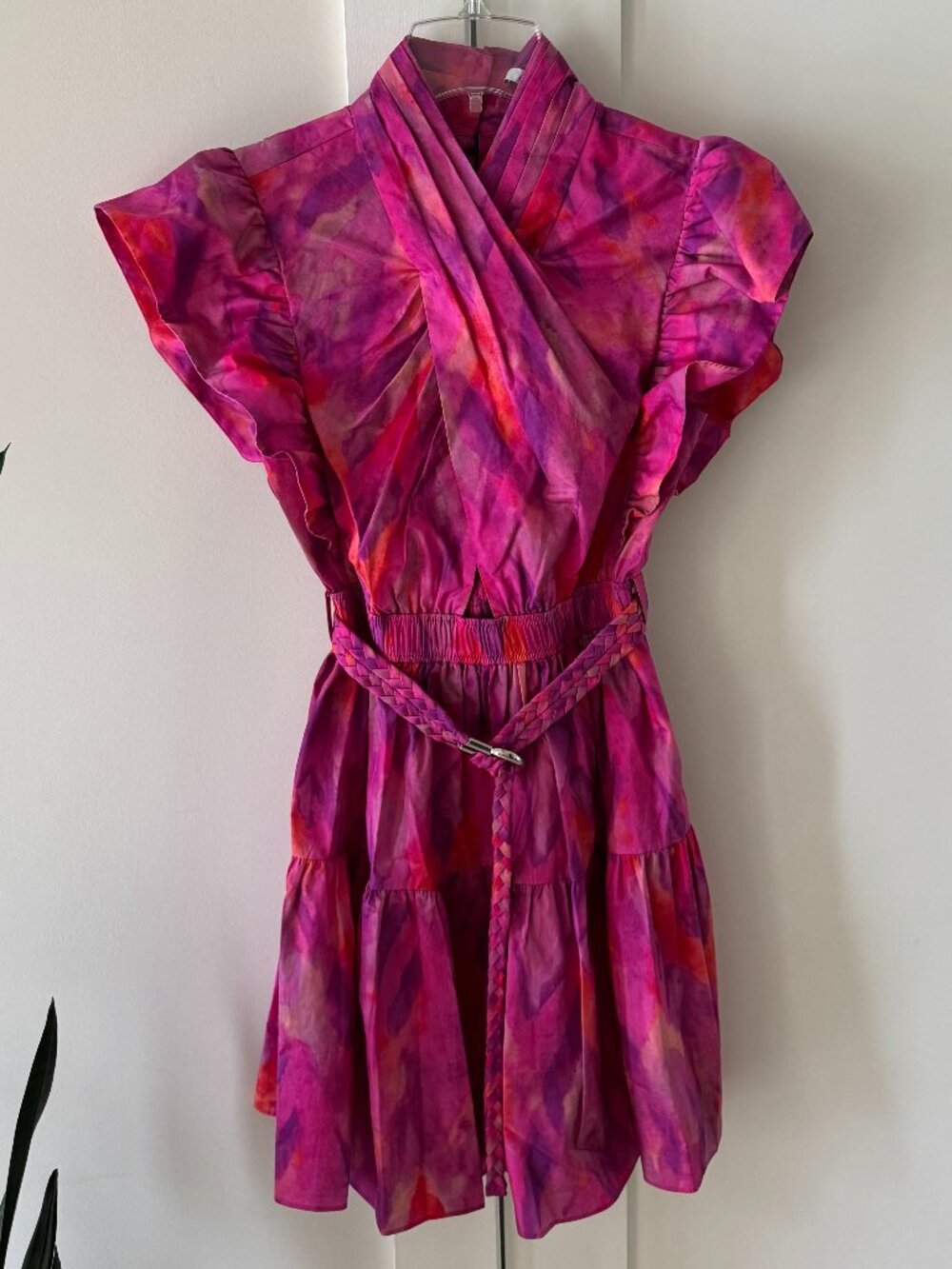 NWT NEW Derek Lam 10 Crosby Finn Ruffle Cap Sleeve Faux Wrap Dress 00 Fuchsia